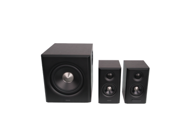 EDIFIER S355DB Walnut three-quarter view of the complete speaker system