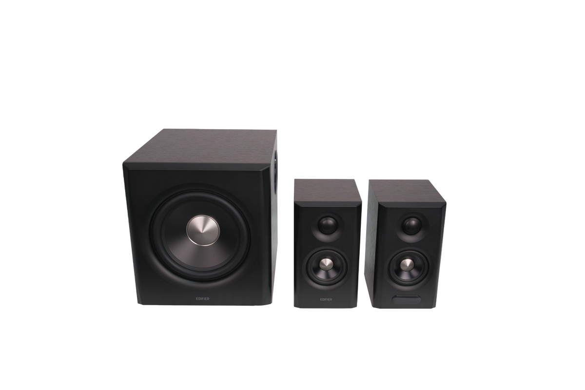 EDIFIER S355DB Walnut three-quarter view of the complete speaker system