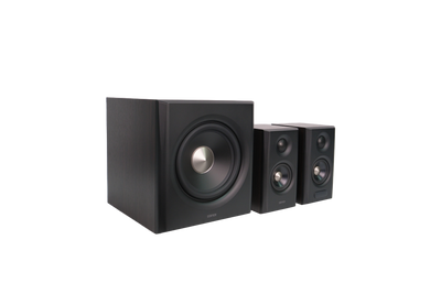 EDIFIER S355DB Walnut front view of the complete speaker system