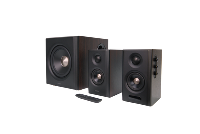 EDIFIER S355DB Walnut speaker system with remote control in the foreground