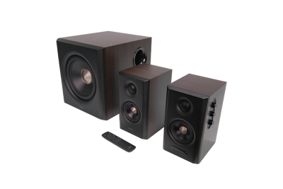 EDIFIER S355DB Walnut elevated three-quarter view of the complete speaker system