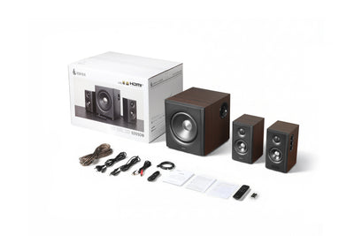 EDIFIER S355DB Walnut speaker system, accessories and retail packaging