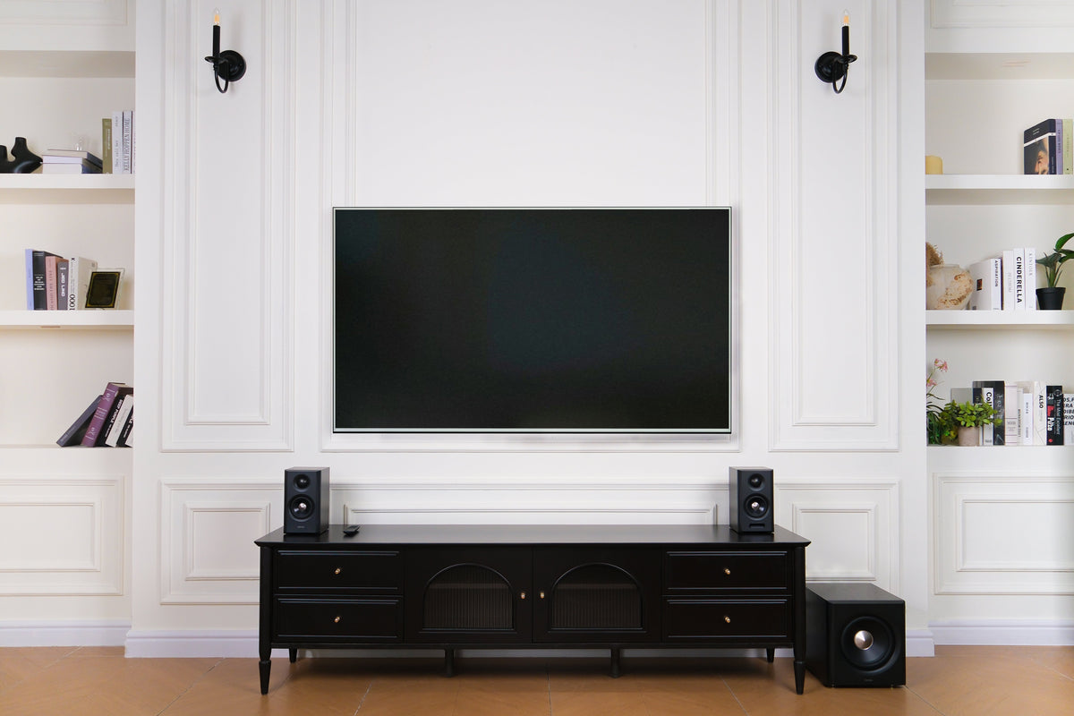 EDIFIER S355DB Walnut 2.1 speaker system in a bright living room TV setup