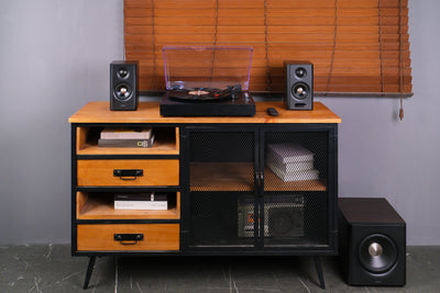 EDIFIER S355DB Walnut 2.1 speaker system in a turntable listening setup