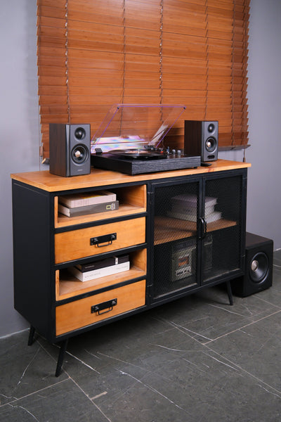 EDIFIER S355DB Walnut 2.1 speaker system in a media room corner