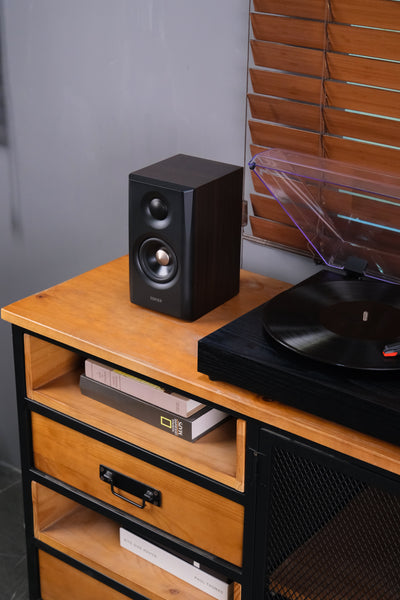 EDIFIER S355DB Walnut 2.1 speaker system satellite speaker in a vinyl listening setup