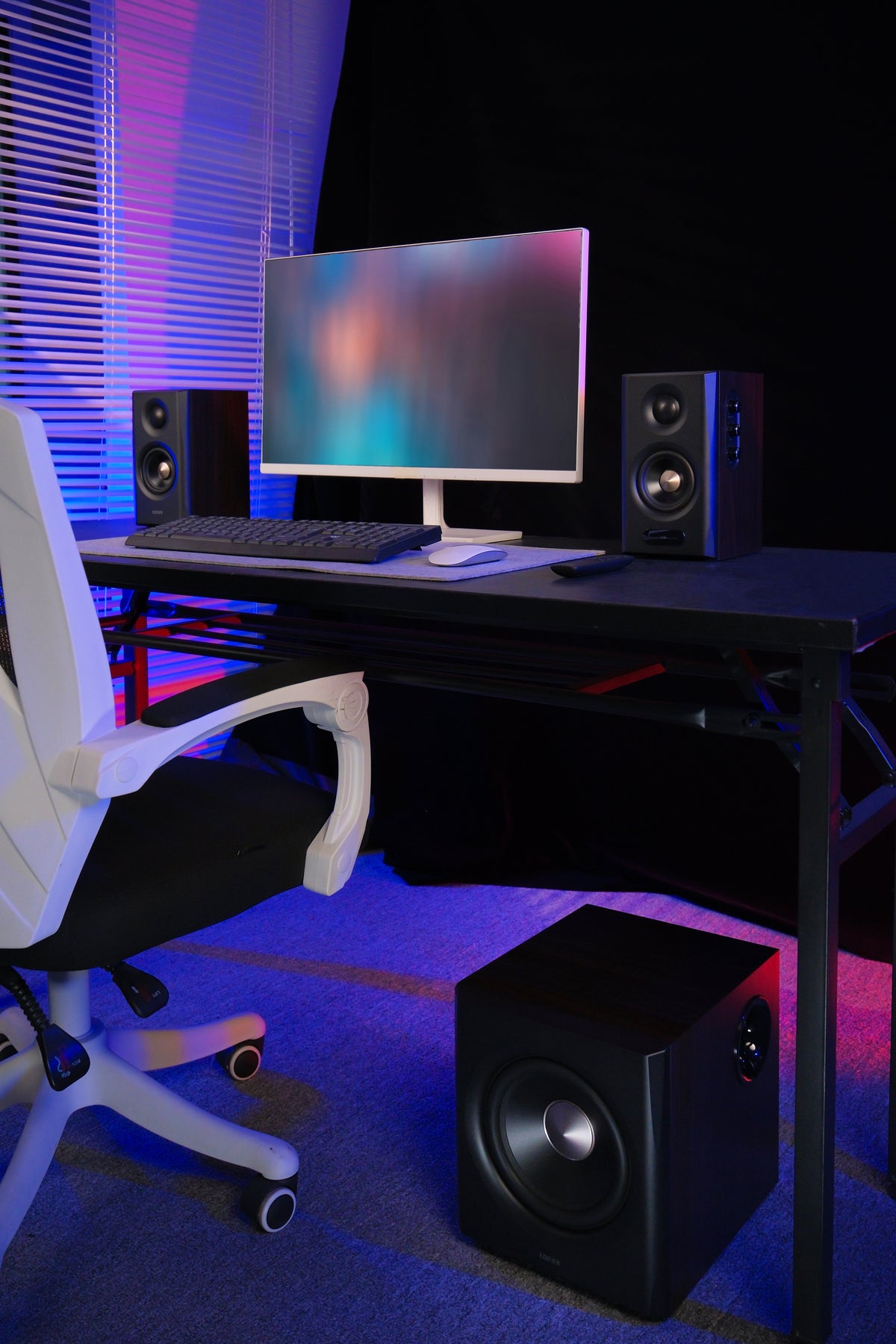 EDIFIER S355DB Walnut 2.1 speaker system in a gaming desk setup