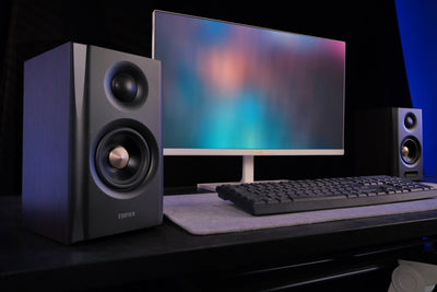 EDIFIER S355DB Walnut 2.1 speaker system satellite speaker and subwoofer in a gaming setup